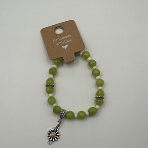 Handmade Green Beaded Bracelet with Silver Charm